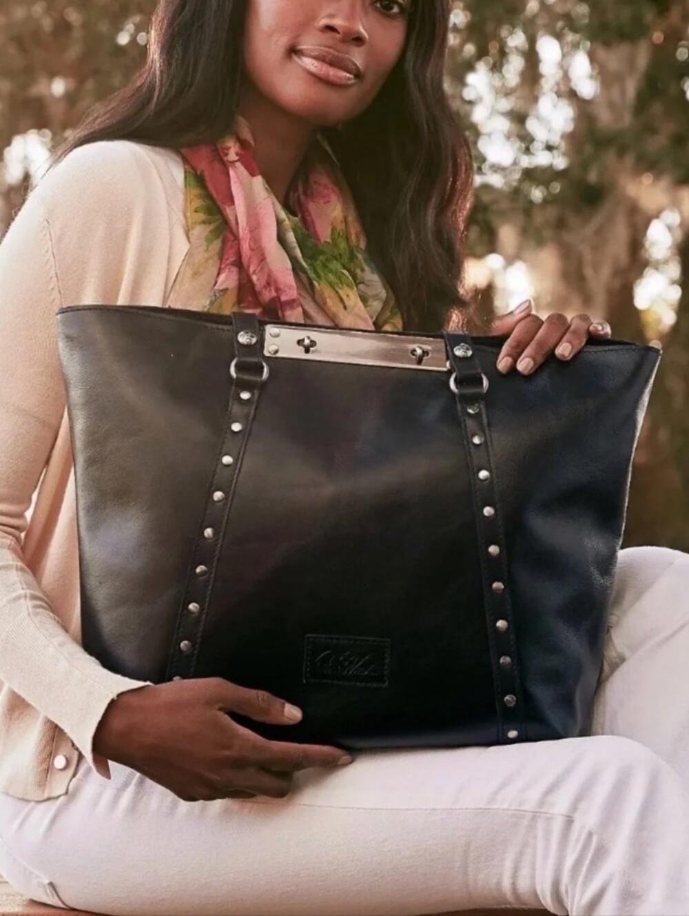Patricia Nash Black Leather Studded Tote Bag Silver Hardware Metal Bar Detail - Picture 14 of 14